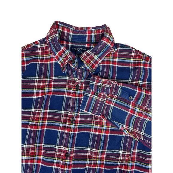Lands End Flannel Button Down Shirt‎ Mens Size 16-16.5 Traditional Fit Red Blue - Picture 1 of 8